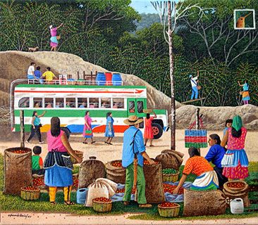 a painting of people in front of a bus with baskets on the ground and trees behind them
