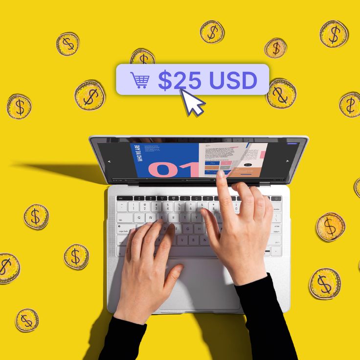 a person typing on a laptop with the words $ 25 usd above it and gold coins around them
