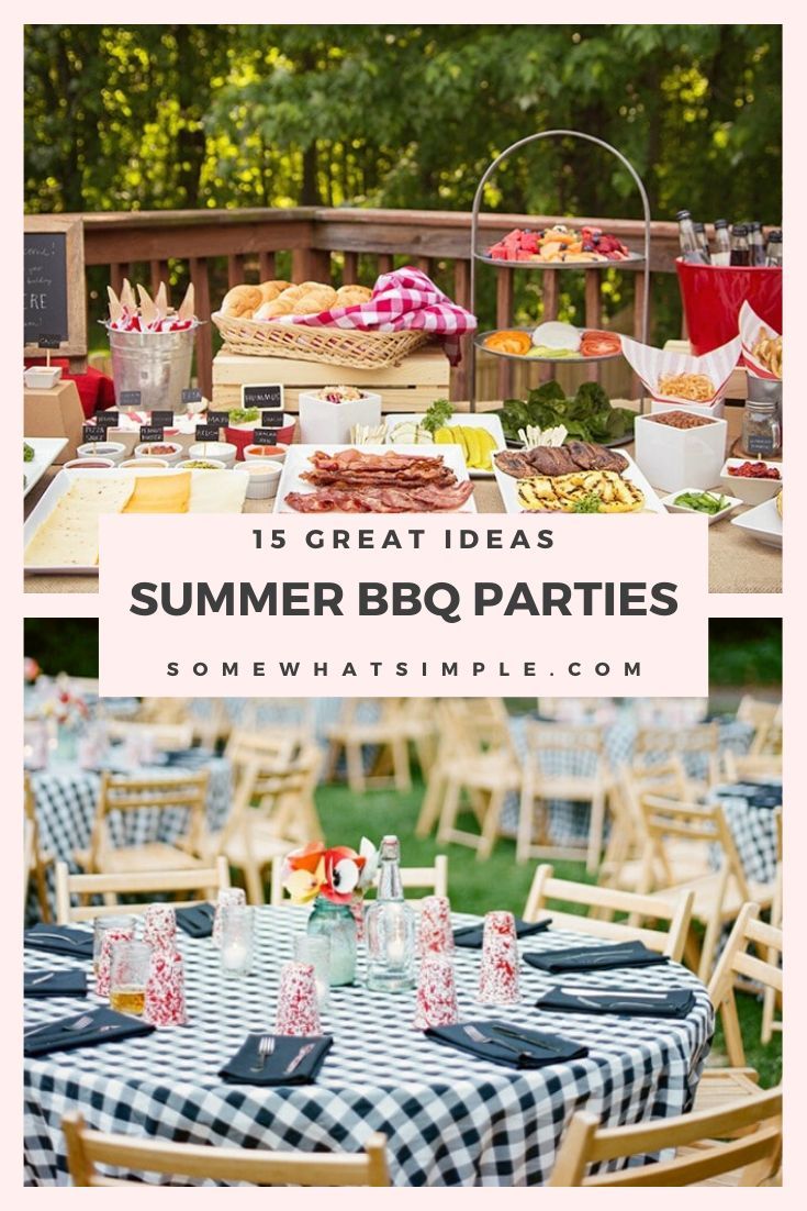 an outdoor bbq party with blue and white checkered table cloths, picnic food
