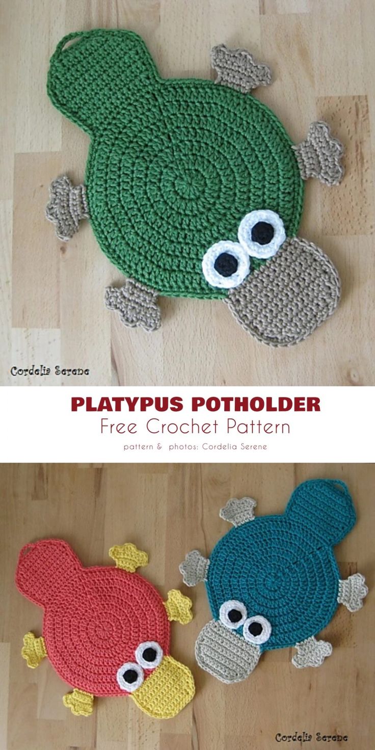 two crocheted rugs that have eyes and one has a turtle on it