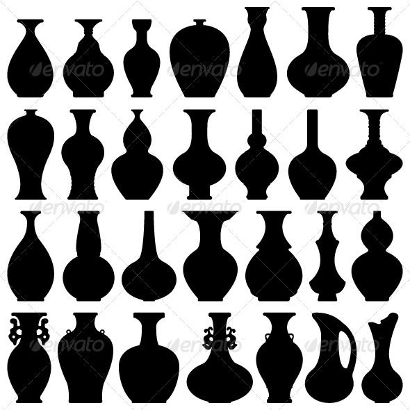 black and white silhouettes of vases on a white background, each with different shapes