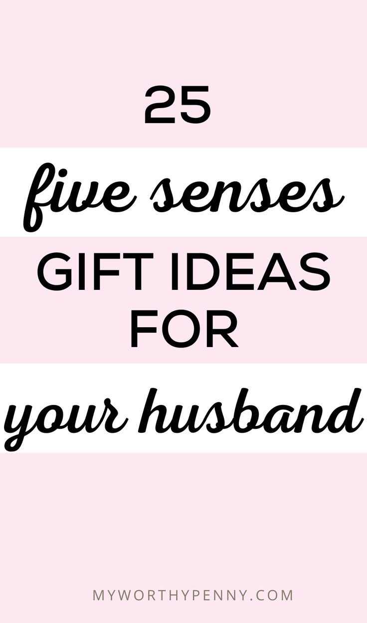 the words 25 gift ideas for your husband are in black and white on a pink background