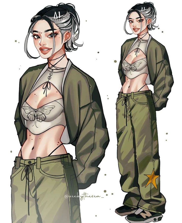 a drawing of a woman in army green pants and cropped top with her hands on her hips
