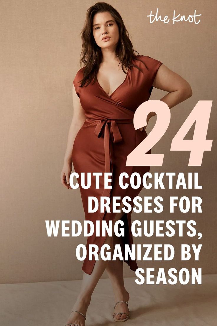 a woman in a dress with the words 24 cute cocktail dresses for wedding guests, organized by season