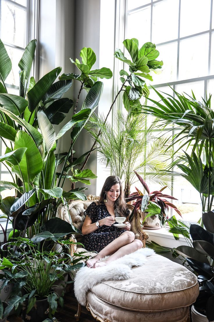 a woman sitting on a couch surrounded by potted plants and greenery in front of a large window