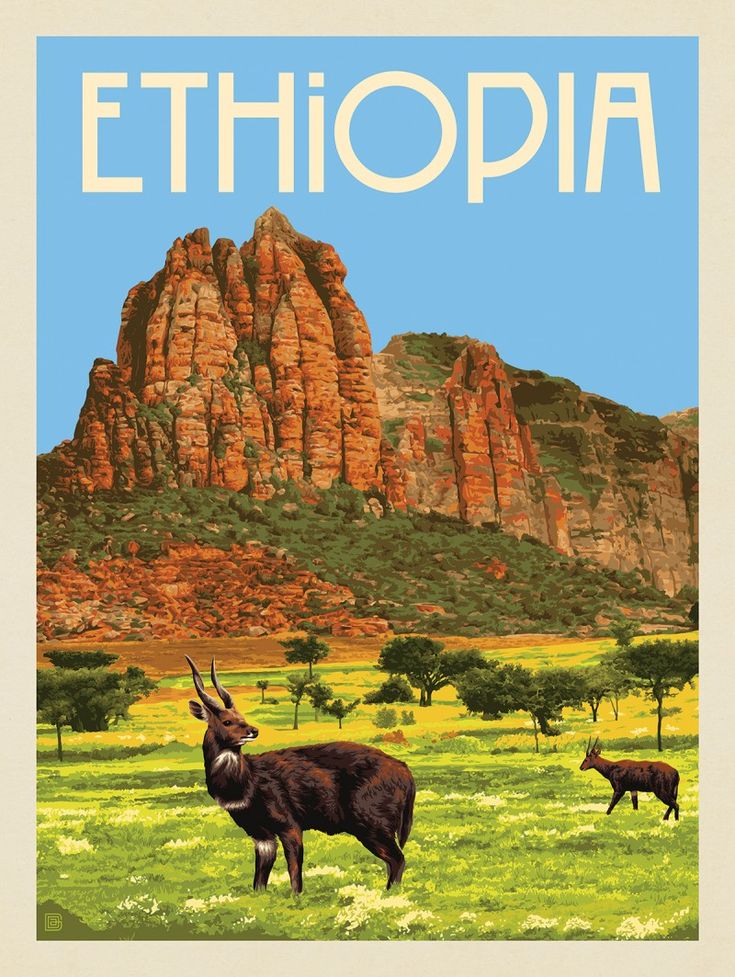 an image of a poster with animals in the grass and mountains behind it that says ethopia