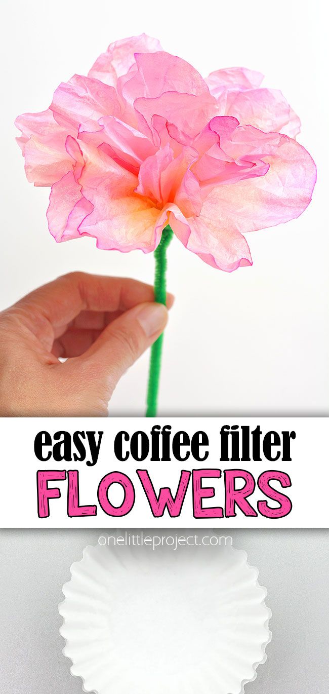 a hand holding a pink flower with the words easy coffee filter flowers in front of it