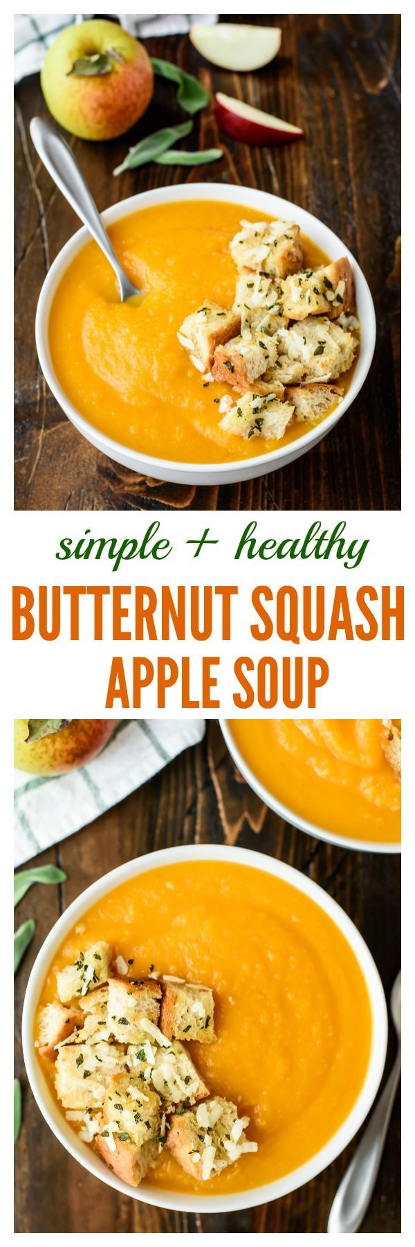 two bowls filled with butternut squash soup on top of a wooden table next to an apple