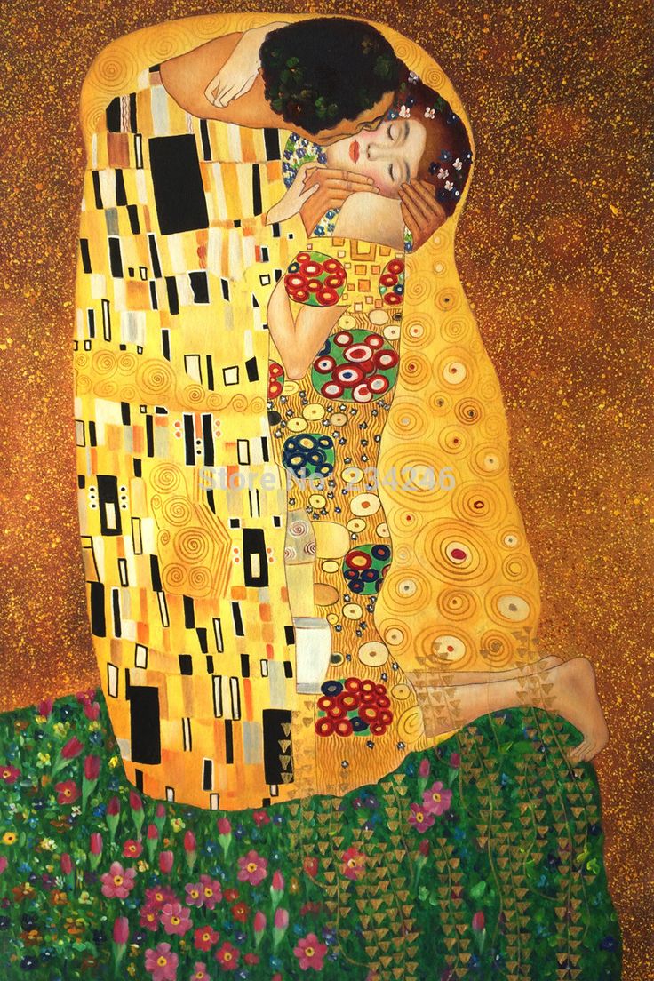 a painting of two people hugging in front of a gold background with flowers and circles