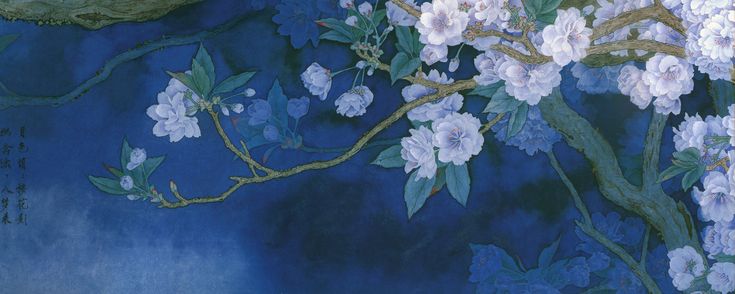 a painting of white flowers on a blue background with chinese writing in the bottom right corner