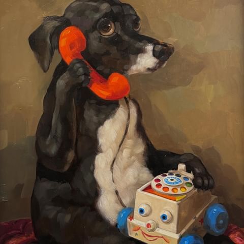 a painting of a dog holding a toy phone