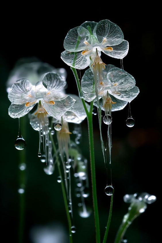 the flowers are covered with water droplets and dews on their stems, as if they were floating in the air