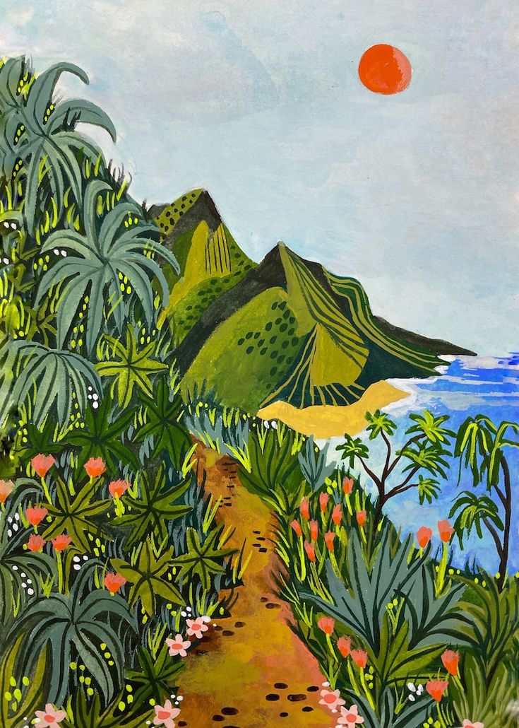 a painting of a path leading to the ocean with mountains in the background and flowers on either side