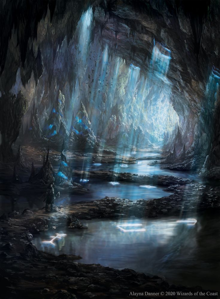 a painting of a cave filled with lots of water