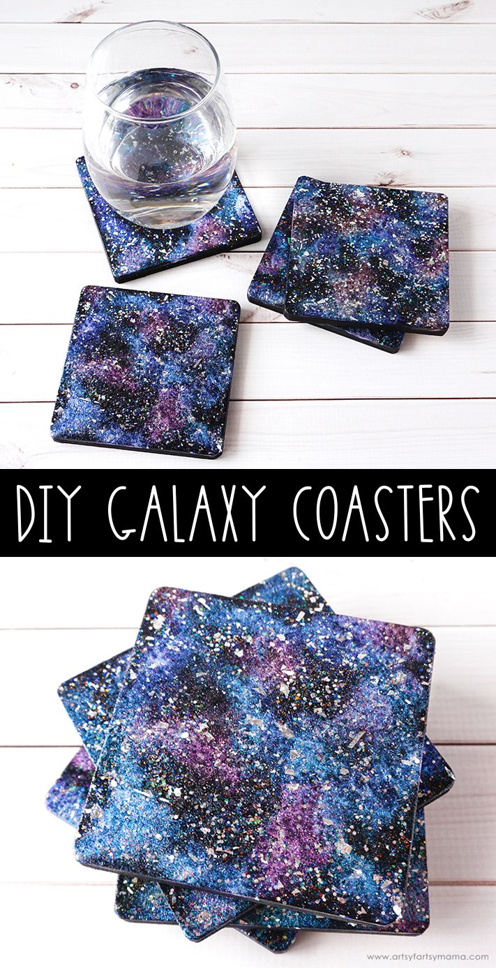 three coasters with galaxy designs on them