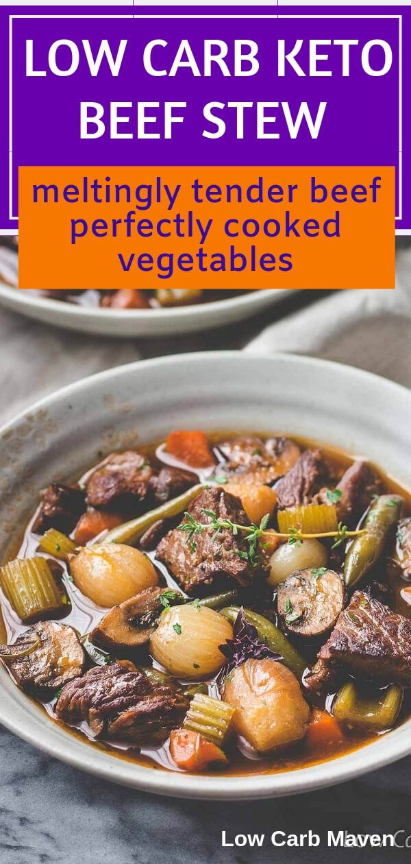 low carb keto beef stew in a white bowl