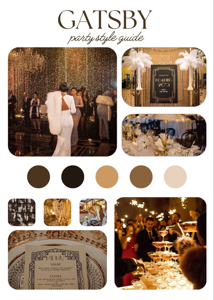 the gatsby party guide is featured in this image with many different pictures and text