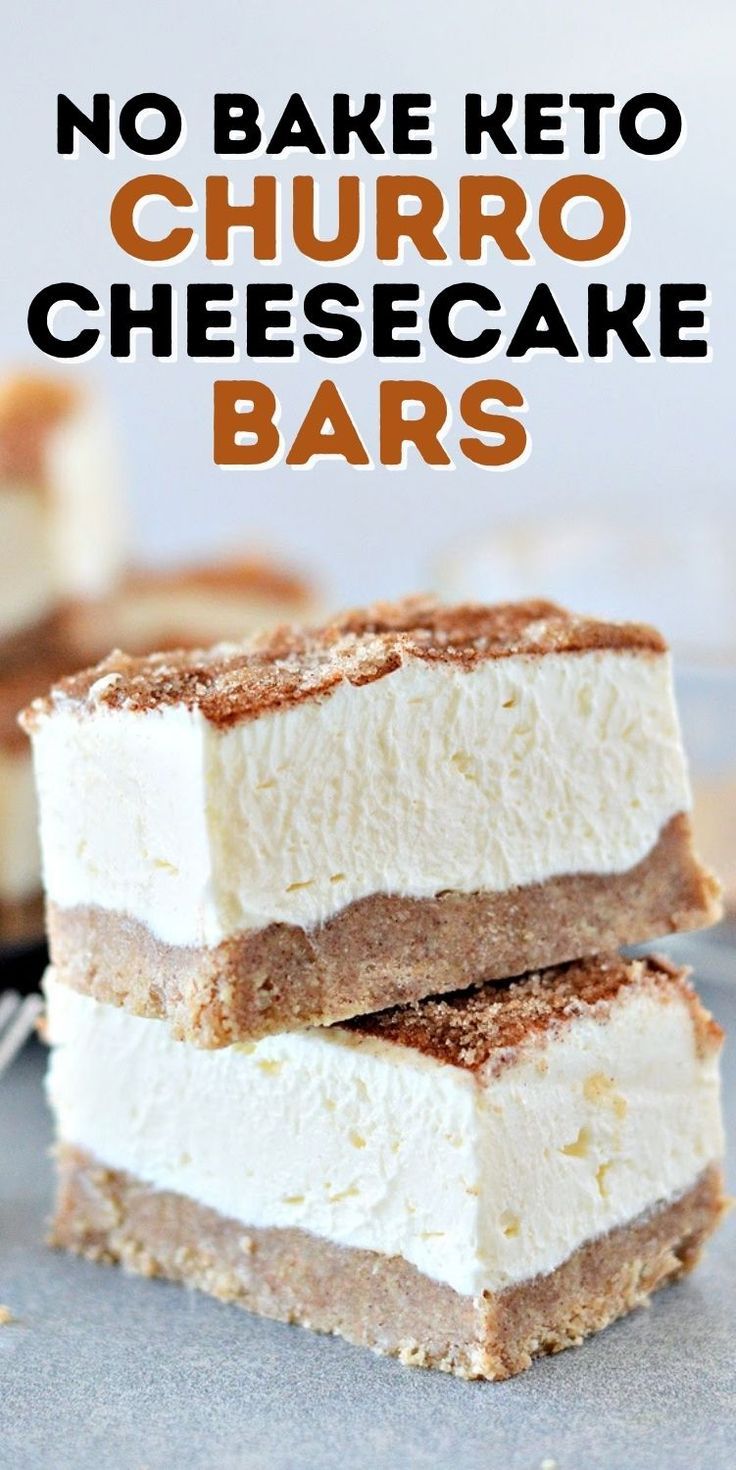 no bake keto churro cheesecake bars are stacked on top of each other