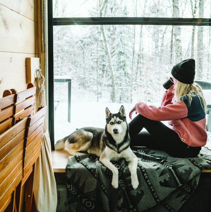 a woman sitting on top of a window sill next to a large husky dog
