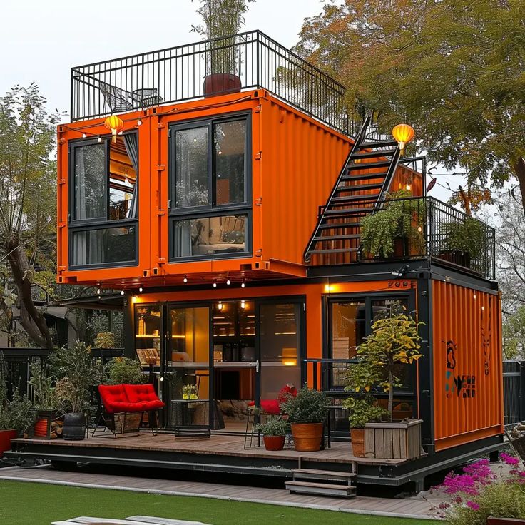 an orange shipping container house with stairs leading to the upper floor and second story area