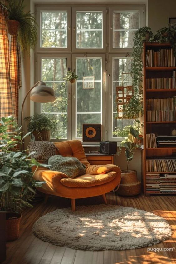a living room filled with lots of plants and furniture next to a window covered in bookshelves