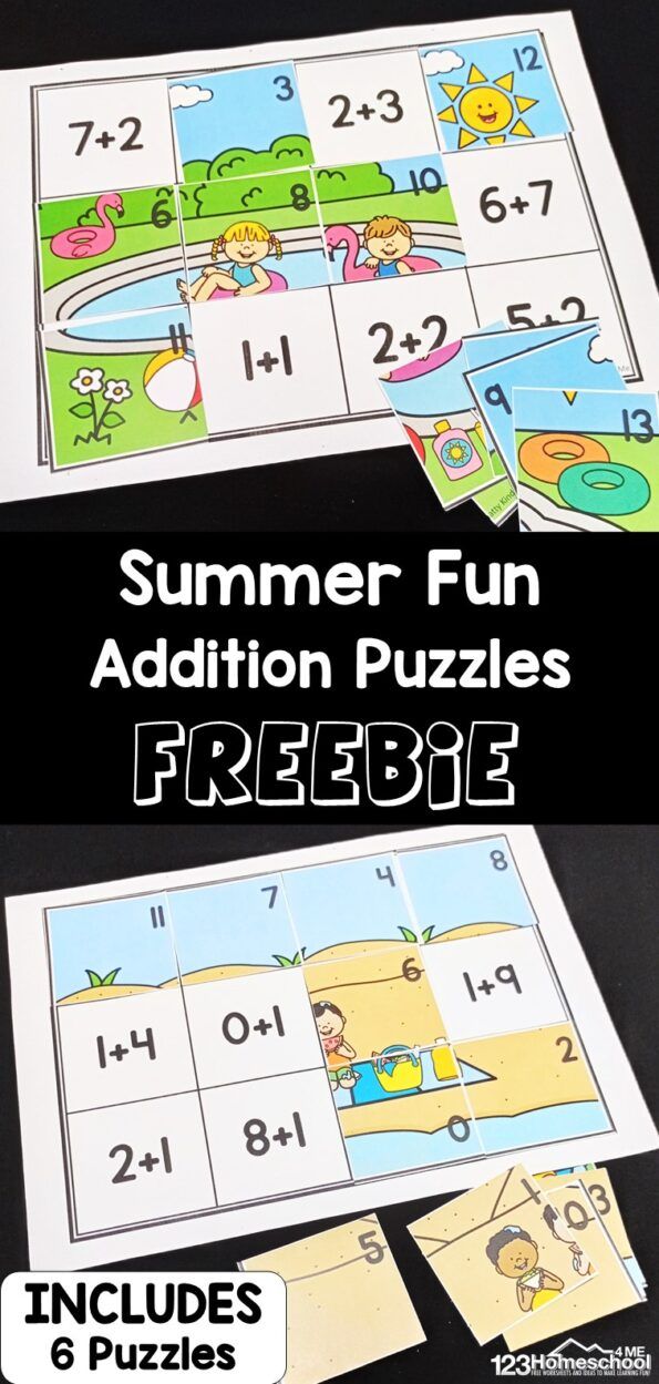 the summer fun addition puzzles for preschool to practice numbers and subtraction with freebie