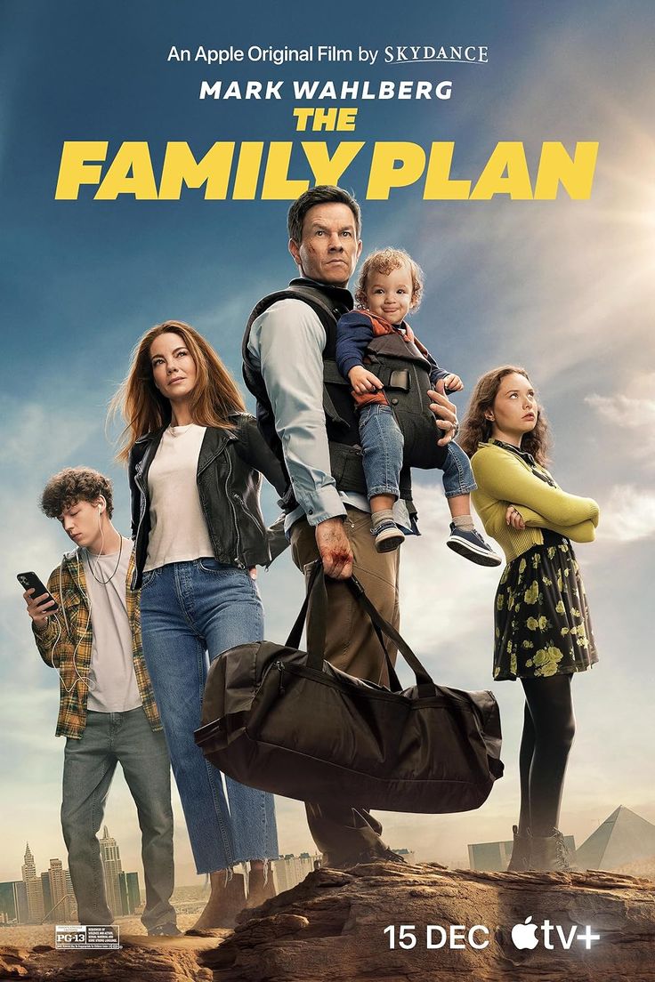 the family plan on dvd with an adult holding a child and two children standing next to each other