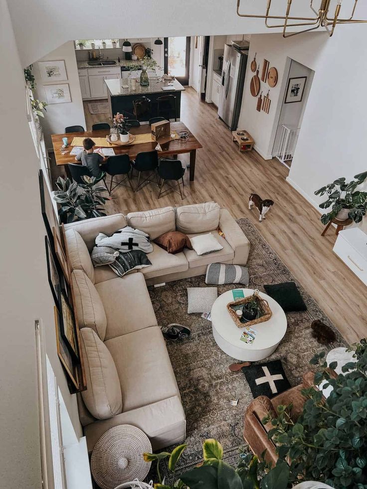 an overhead view of a living room with couches, tables and plants in it