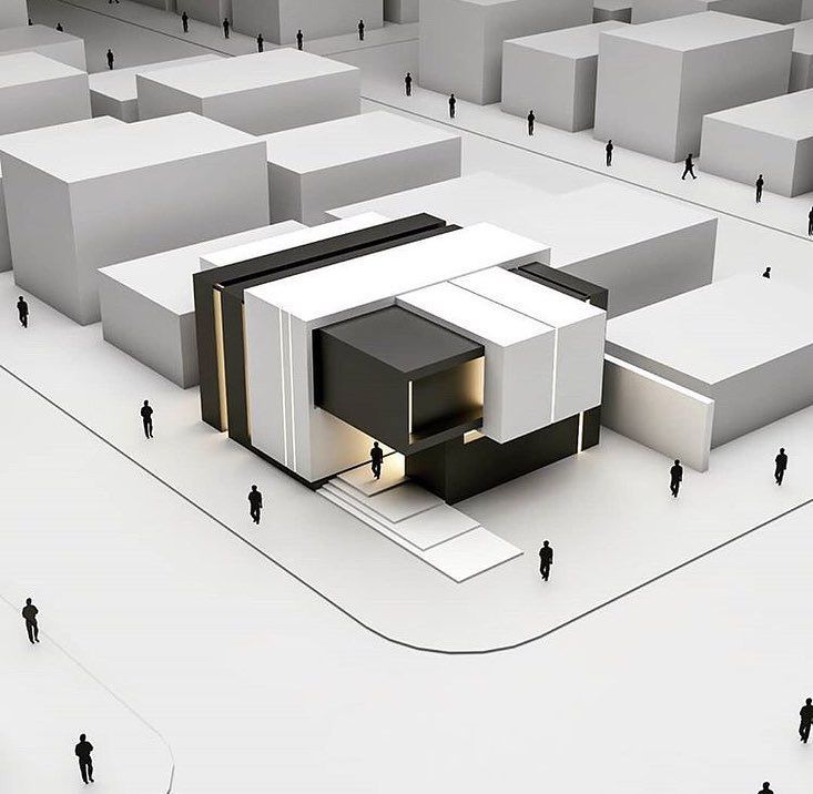 an architectural rendering of a building surrounded by many smaller buildings with people walking around it