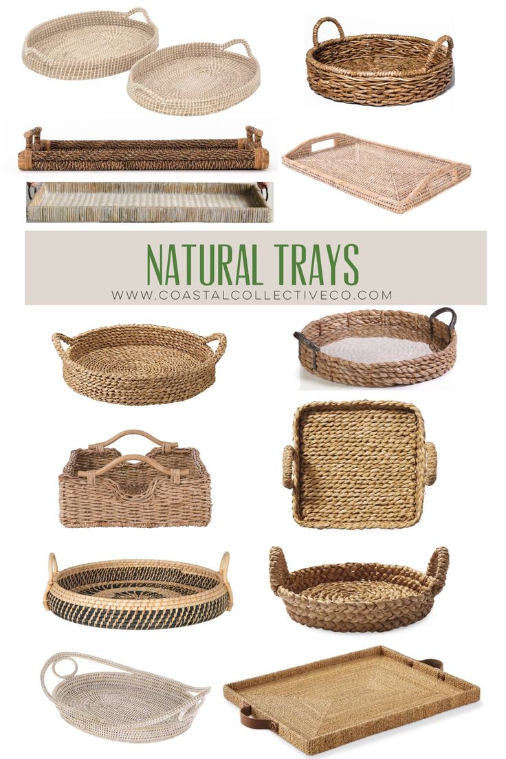 natural trays with handles and handles are shown in different sizes, shapes and colors