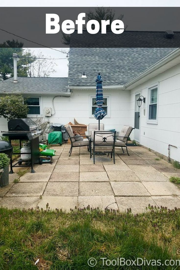 before and after photo of a patio with chairs, grilling table, and bbq