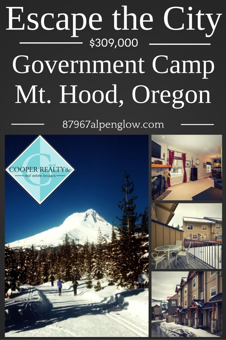 an advertisement for the government camp at mt hood, oregon with pictures of houses and mountains