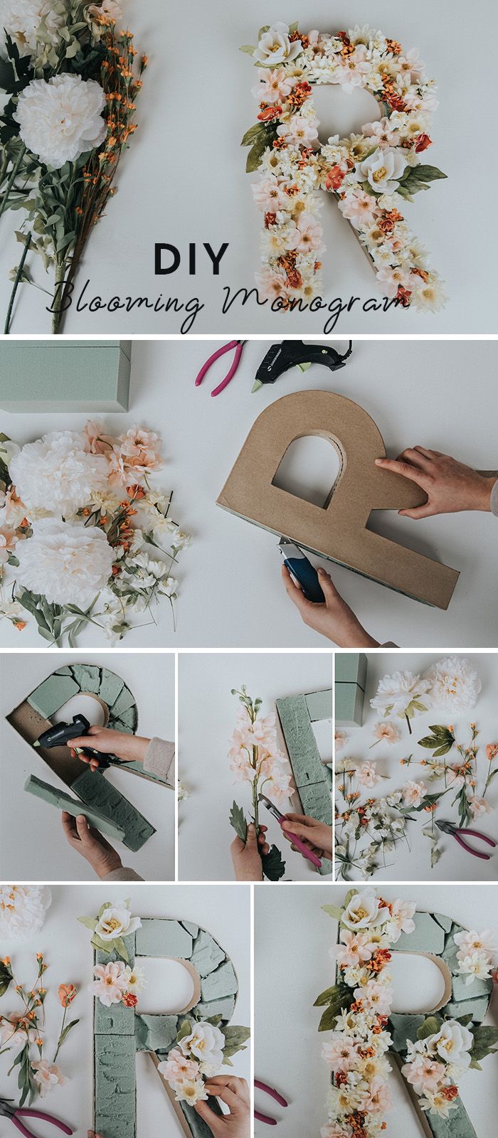 diy floral monogram wreath with paper flowers and cutouts to make it look like the letter d