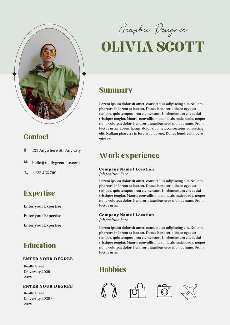 a green and white resume with an image of a man in the center, on top of