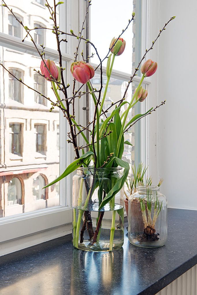 flowers are in vases on the window sill