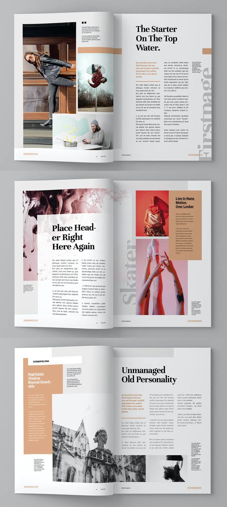 an open magazine is shown in three different sections, with the pages spread out to show images
