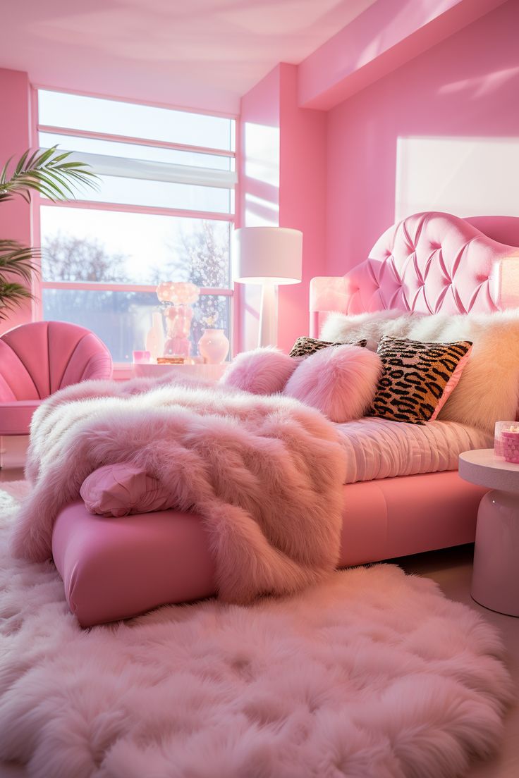 a bedroom with pink walls and fluffy fur on the bed, pillows and rugs