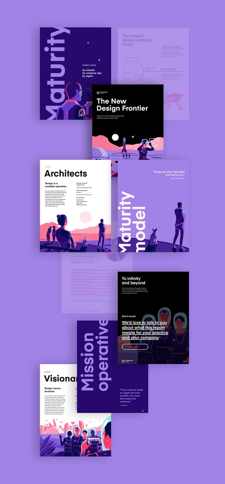 several different types of brochures are shown in purple and black, with the same color