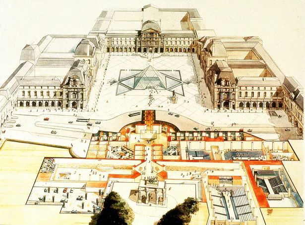a drawing of a large building with lots of windows and doors on the top floor