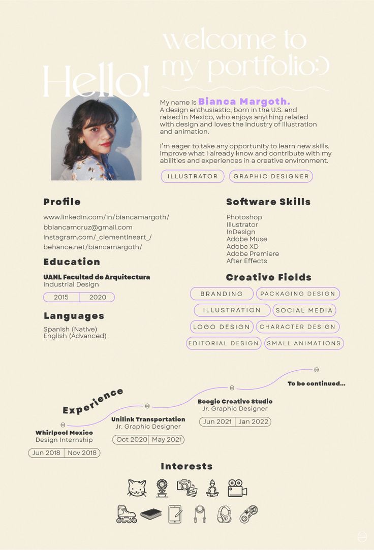 a white and black resume with an image of a woman's face on it