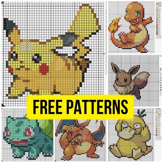 the pokemon cross stitch pattern has been made with different types of pikachu and other cartoon
