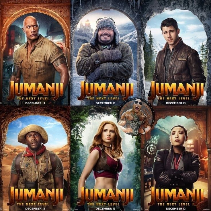 jumanji the next level movie poster with four different characters and their name on it