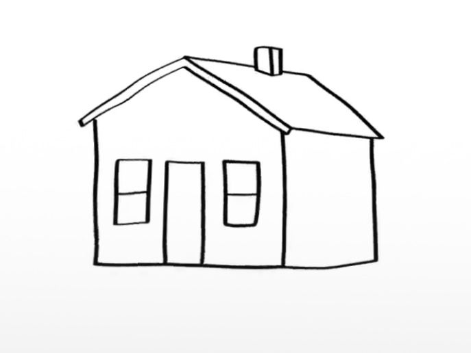 a black and white drawing of a house on a white background with the words how to draw a house