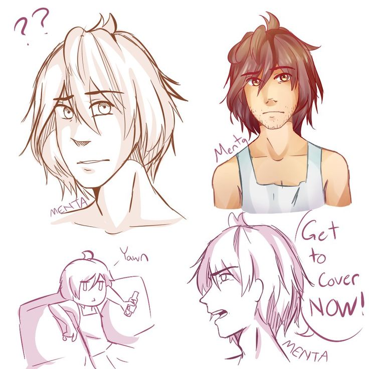 some drawings of people with different facial expressions and hair styles, one is wearing a tank top