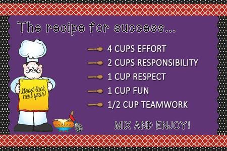 the recipe for success is displayed on a purple and black background with an image of a chef