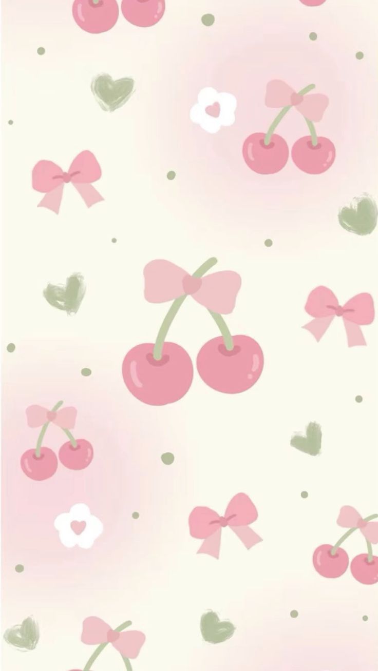 the wallpaper has cherries and hearts on it