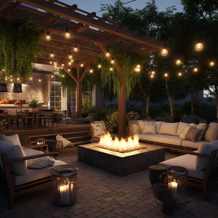 a fire pit surrounded by patio furniture and lights