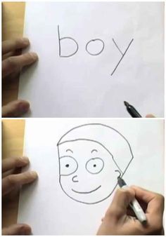 someone is drawing a boy on paper with a marker and pen in front of it