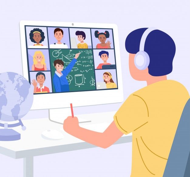 a man wearing headphones is looking at a computer screen with images of people on it