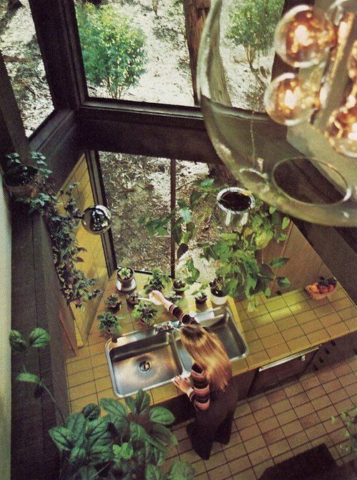an overhead view of a kitchen with plants in the sink area and a woman washing dishes